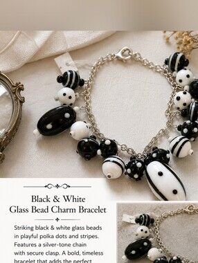 Black & White Glass Bead Charm Bracelet - Polka Dot & Stripe